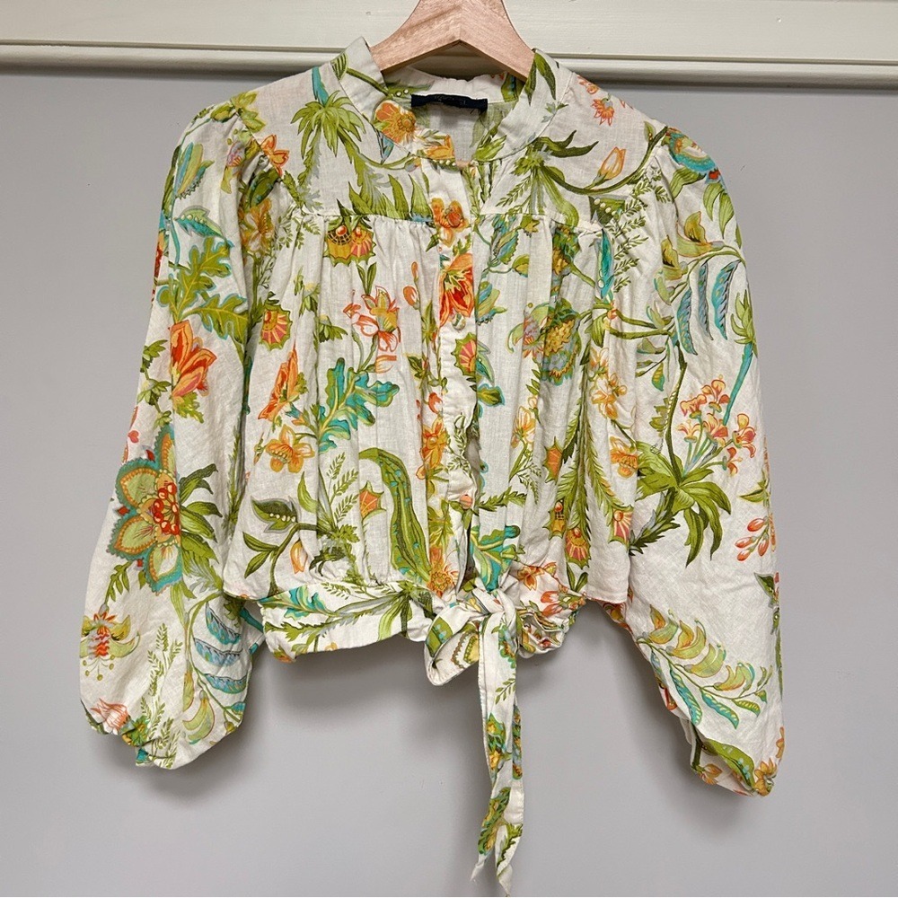 Rachel Roy Linen Blend Boho Wrap Blouse Top Batwing Yoke Floral‎ Garden